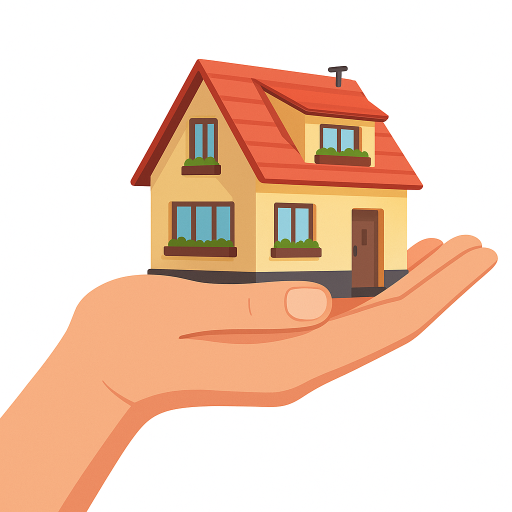 Ilustrasi tangan memegang model rumah kecil, melambangkan kemudahan pembiayaan properti syariah di BMT HSI